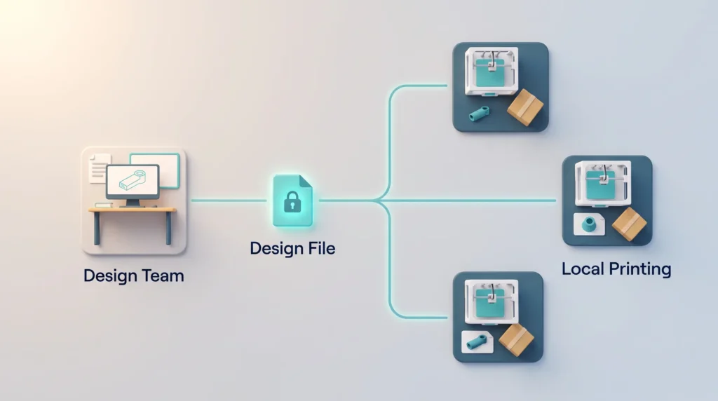 3D Printing Design Files Across Sites A protected design file travels from one design team to three local printing sites, each making an additive manufacturing part close to demand.
