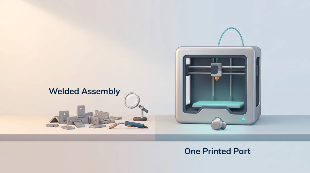 3D Printing Part Consolidation 3D printing and future work on the factory floor: a welded assembly of small metal pieces next to one printed part made in a single piece.