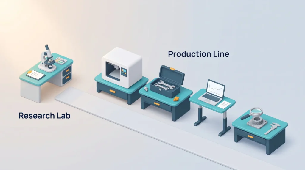 Additive Manufacturing Production Jobs Workstations behind 3D printing jobs: a research lab bench followed by a production line with printer, toolbox, laptop and quality inspection.