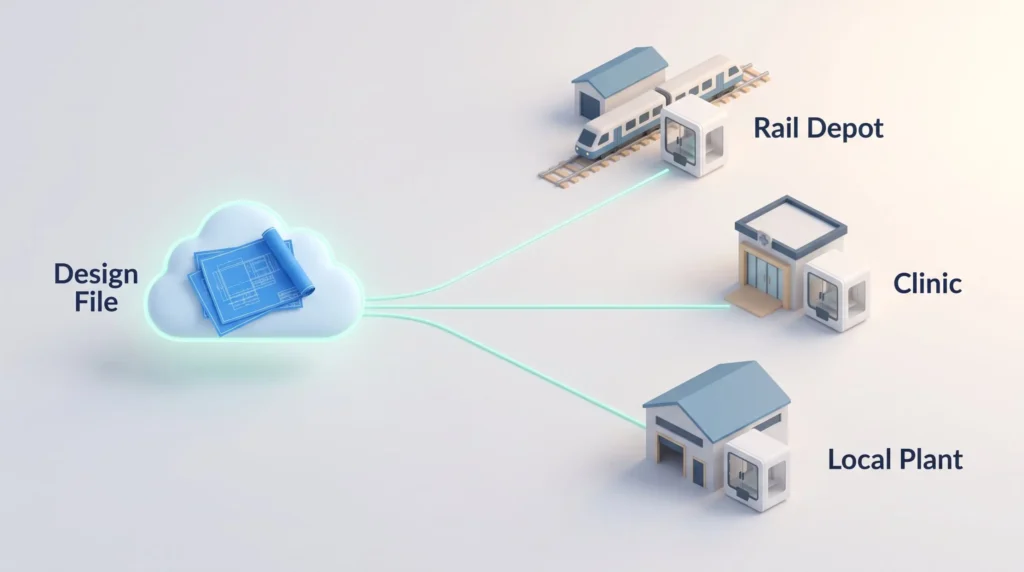 Decentralized production: one design file in the cloud is sent to 3D printers at a rail depot, a clinic and a local plant near the point of use