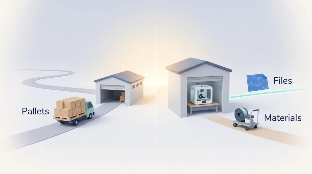 Distribution network comparison: a truck hauling pallets of finished goods versus files and materials arriving at a local 3D printer in a depot