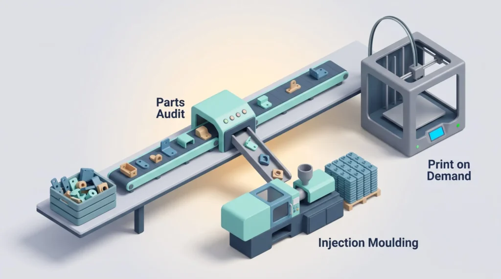 On-demand manufacturing parts audit sorting spare parts, with qualifying parts going to print on demand and standard parts to injection moulding