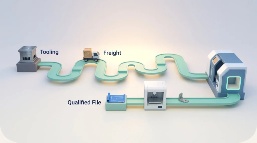 In a 3D printing supply chain, a qualified file and printer deliver a spare part to an idle machine far faster than the tooling and freight route