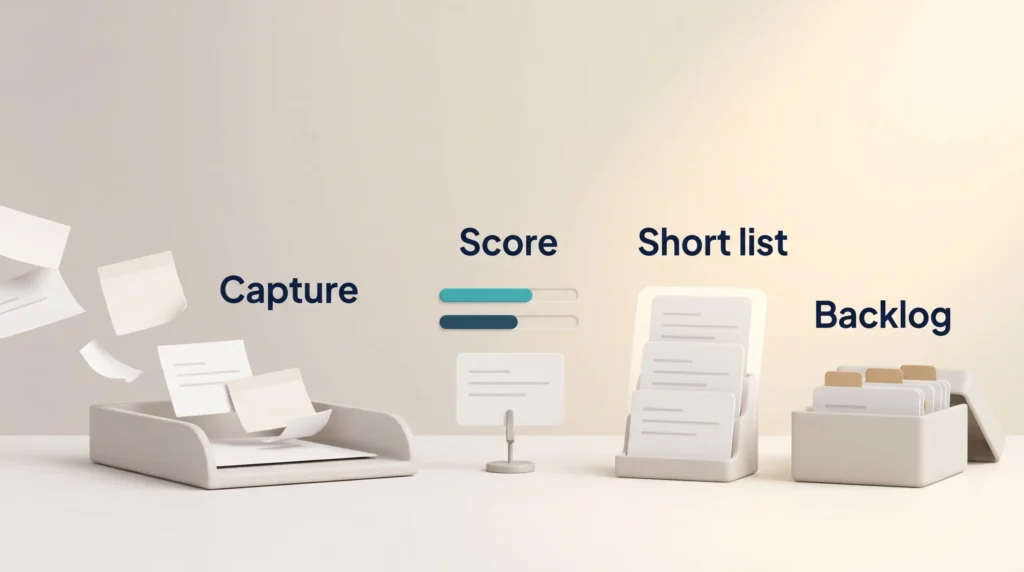 Capture and Score Task Workflow Daily task prioritization workflow: notes are captured in one tray, scored, then split into a short list and a backlog