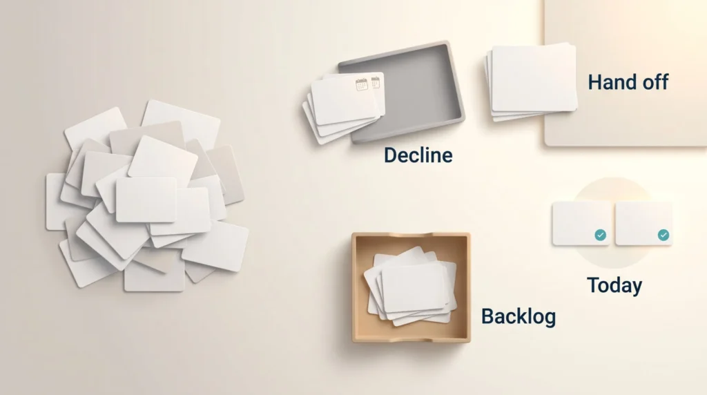 4Ds Time Management Daily Task Sort 4Ds time management sort on a desk: a messy pile of task cards split into decline, hand off, backlog and two cards for today