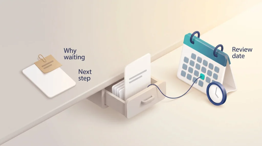 Defer Tasks With a Review Date Deferring a task: a card tagged with why it is waiting and the next step, filed in a backlog drawer and tied to a review date