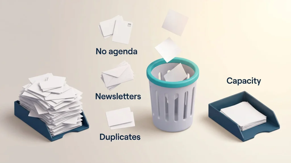 Delete Low Value Tasks to Free Capacity Meetings with no agenda, newsletters and duplicate requests drop into a bin, leaving a lighter tray and free capacity