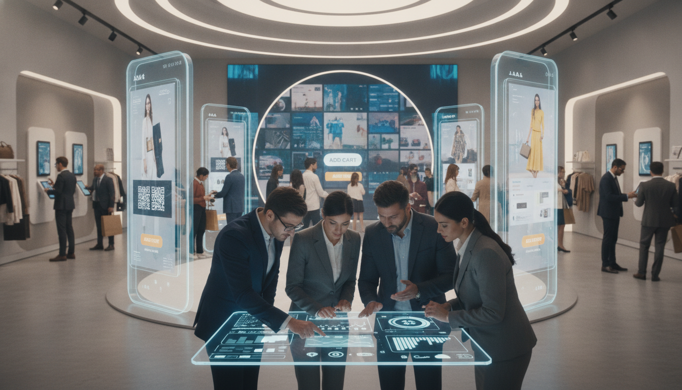 A bustling retail environment showcasing omnichannel media opportunities. In the foreground, a diverse group of professionals in business attire collaborate around a digital tablet displaying analytics, symbolizing online retail strategies. The middle ground features an elegant, modern store layout with digital screens advertising products, emphasizing both in-store and online shopping experiences. Background elements include shoppers engaging with interactive kiosks and browsing products, blending physical and digital shopping. Bright, warm lighting highlights the vibrant atmosphere, with a slightly blurred depth of field adding focus to the professionals in conversation. The overall mood is dynamic and forward-looking, illustrating the fusion of traditional retail and digital innovation. Store floor blending online and in-store retail media: digital ad screens, kiosks and a team reviewing analytics.