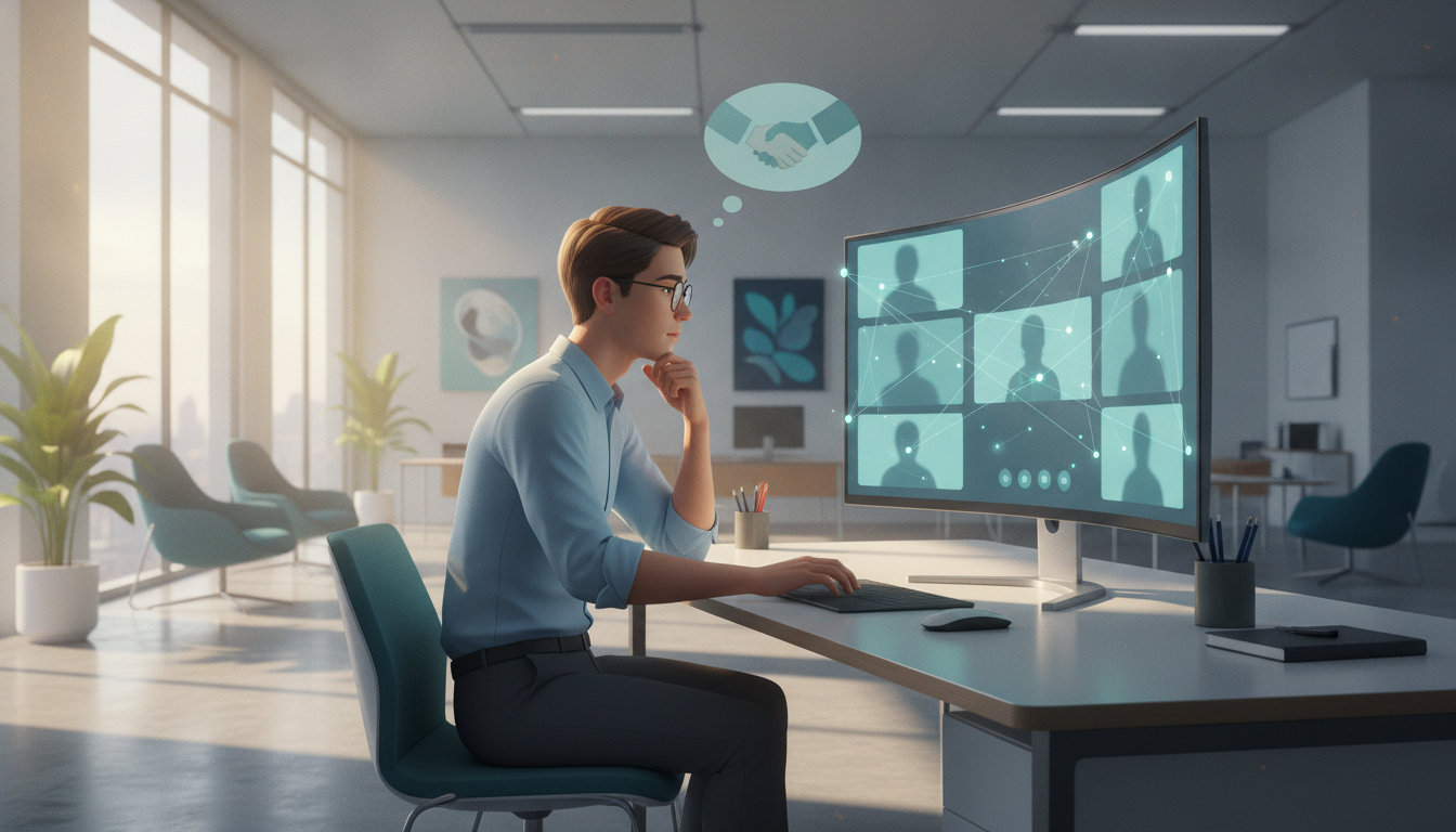 A clean semi-realistic 3D illustration showcasing a young professional in a modern office environment. In the foreground, a person dressed in smart casual attire looks thoughtfully at their computer screen, their expression reflecting a sense of isolation amidst a bustling digital workspace. In the middle, blurred silhouettes of other remote workers can be seen in separate screens, all interconnected yet distant, hinting at the loneliness in a digital landscape. The background features a bright office space with soft sunlight streaming through large windows, casting warm rays that create a comforting yet slightly melancholic atmosphere. Teal and blue accents in the decor add a soothing touch, emphasizing both connection and solitude. The overall mood conveys a sense of longing for interaction and connection in a modern work setting. Young professional at a laptop looking isolated while blurred colleagues appear on separate screens