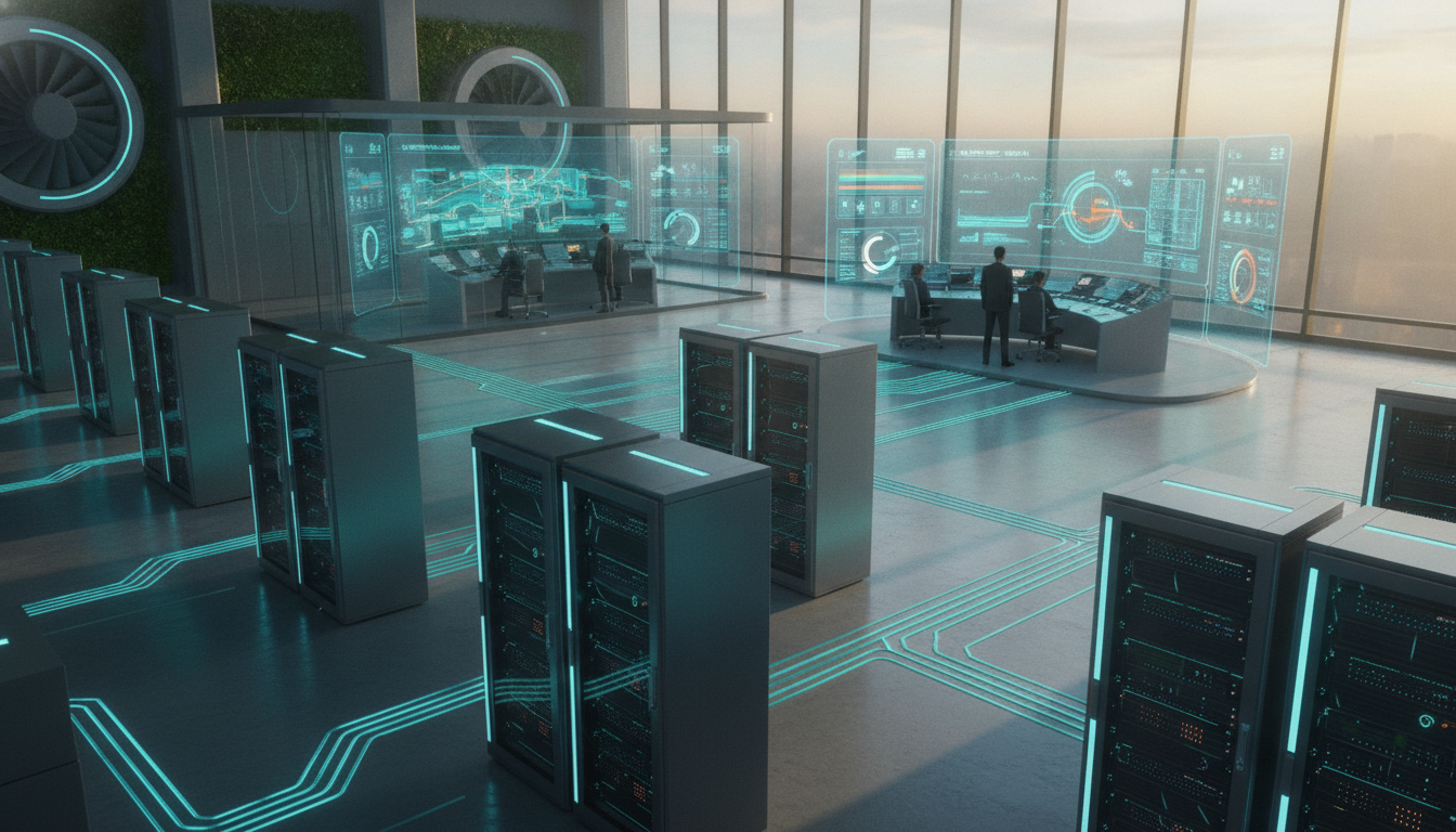 A clean semi-realistic 3D tech illustration depicting an innovative data center environment focused on optimizing infrastructure and power distribution. In the foreground, an array of sleek, high-tech servers with illuminated teal and blue accents, connected by glowing power conduits. The middle ground features a control room with professionals in business attire, analyzing data on high-resolution screens displaying energy usage metrics and grid optimization tools. In the background, large windows allow warm sunlight to stream in, highlighting energy-efficient designs and green technologies integrated into the architecture. The overall mood is one of progress and efficiency, blending cutting-edge technology with a sustainable future. Soft gradients enhance the atmosphere without overwhelming the composition. Operators at curved consoles in a control room lined with server racks and blue holographic monitoring screens
