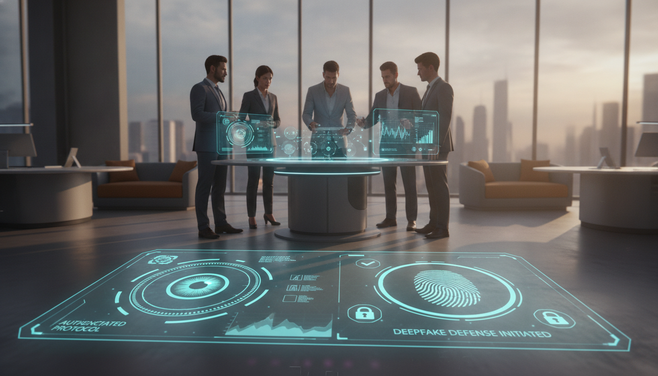 Five colleagues around a table with cyan holographic panels reading AUTHENTICATED PROTOCOL and DEEPFAKE DEFENSE INITIATED.
