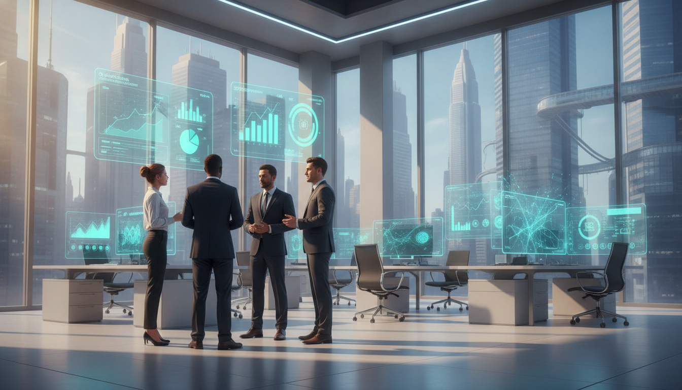 A clean semi-realistic 3D tech illustration depicting the benefits of AI agents in business operations. In the foreground, a diverse group of business professionals in smart business attire are collaboratively discussing data insights displayed on a holographic screen, showcasing charts and graphs with teal and blue accents. In the middle, a sleek, futuristic office space filled with digital workstations and AI interfaces, illuminated by warm sunlight streaming through large windows. The background features a city skyline, symbolizing growth and innovation. The mood is optimistic and forward-thinking, highlighting efficiency and collaboration fostered by AI technology. Soft gradients enhance the visual appeal, creating a harmonious environment that embodies modern business dynamics. Four business professionals discuss turquoise holographic charts in a sunlit high-rise office with a city skyline behind them