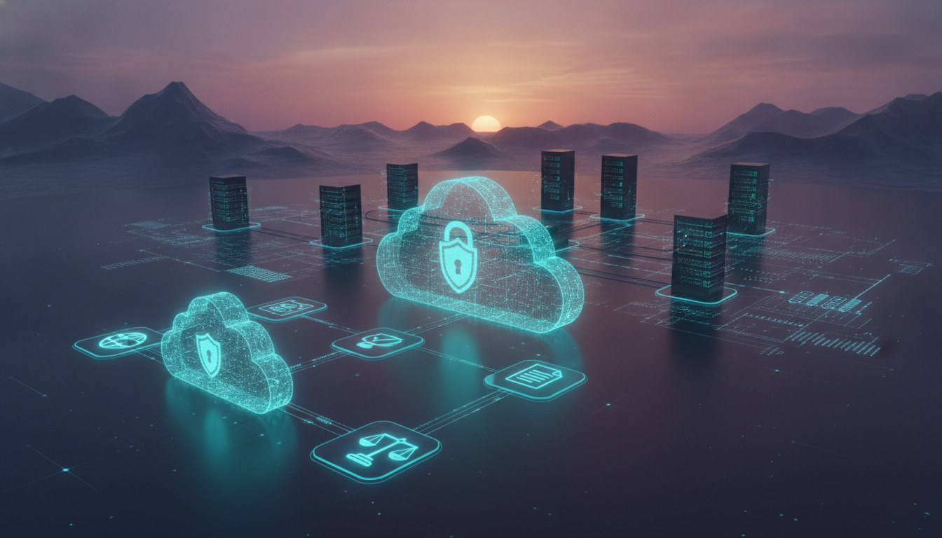 Interconnected cloud icons glowing in teal and blue above server racks and data centers, set against a sunset sky