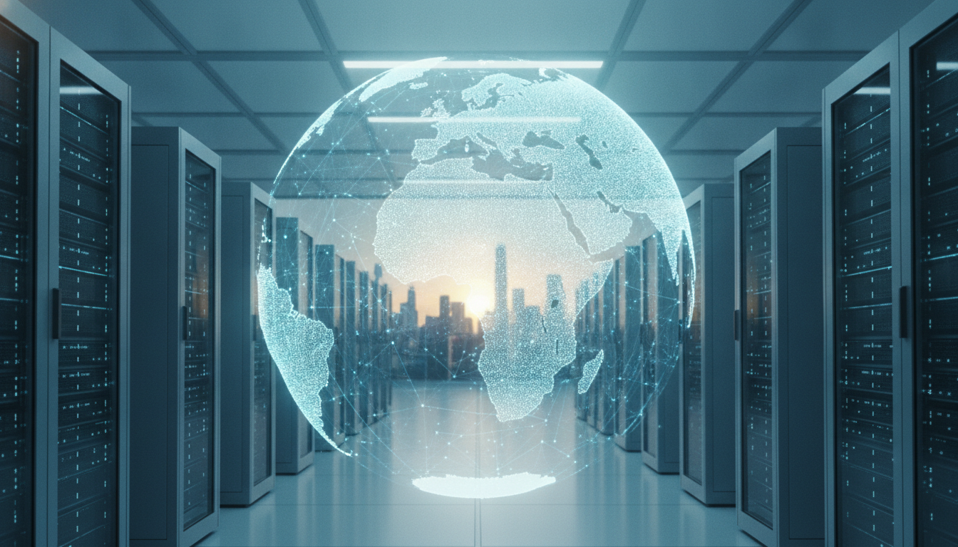 Server racks in the foreground, a globe crossed by glowing network lines behind them and a sunlit city skyline