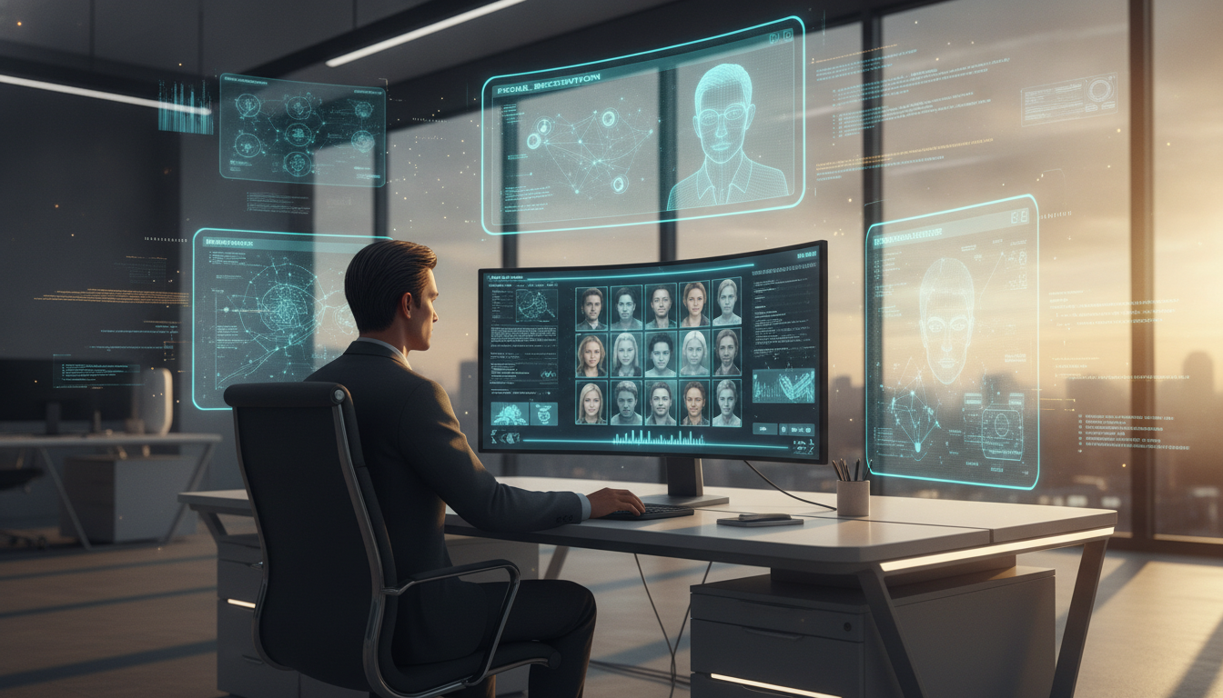 Man at a desk reviewing a grid of headshots on his monitor while cyan holograms show facial outlines and network maps.