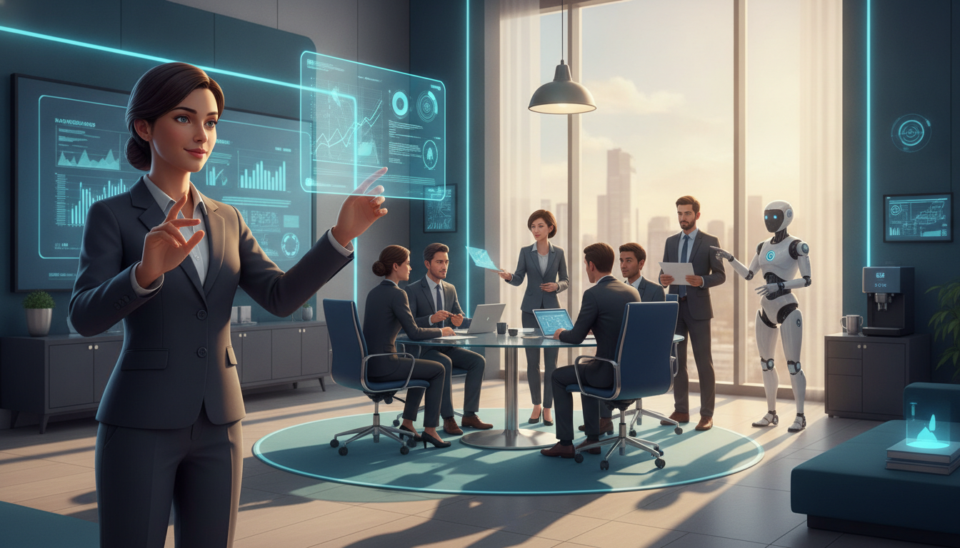 A clean semi-realistic 3D tech illustration showcasing a diverse group of business professionals collaborating with AI agents in a modern office environment. In the foreground, a confident woman in business attire interacts with a holographic AI interface displaying real-time data analytics. The middle ground features a diverse team of professionals engaged in discussion around a conference table, observing robotic assistants efficiently handling tasks. In the background, large windows bathe the scene in warm sunlight, highlighting vibrant teal and blue accents in the decor. The atmosphere conveys a sense of innovation and success, with soft gradients enhancing the overall mood of collaboration and technology integration. A businesswoman points at floating analytics screens while her team meets around a table and a humanoid robot assists nearby
