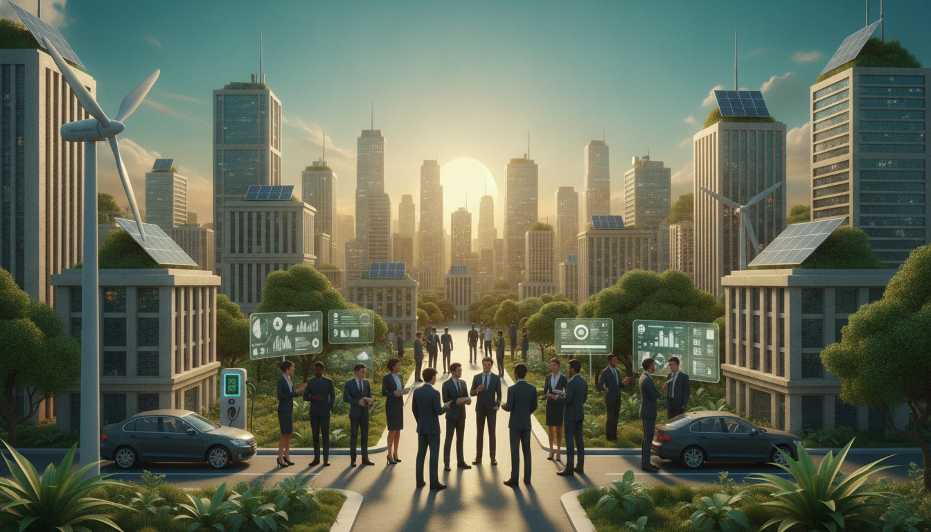 A clean semi-realistic 3D tech illustration showcasing the environmental and community impact of rising energy demand. In the foreground, a cityscape blends modern buildings and energy-efficient structures, with solar panels and wind turbines integrated into the architecture. The middle ground features a diverse group of professionals in business attire, discussing energy solutions amidst greenery to symbolize community collaboration. The background presents a vibrant skyline bathed in warm sunlight, with a soft gradient of teal and blue accents to enhance the scene. The mood is optimistic, reflecting innovation and hope in addressing energy challenges. The composition uses a wide-angle lens effect to create depth and perspective, emphasizing the interconnectedness of technology and community resilience. People in business attire on a tree-lined city street beside buildings with rooftop solar panels and wind turbines
