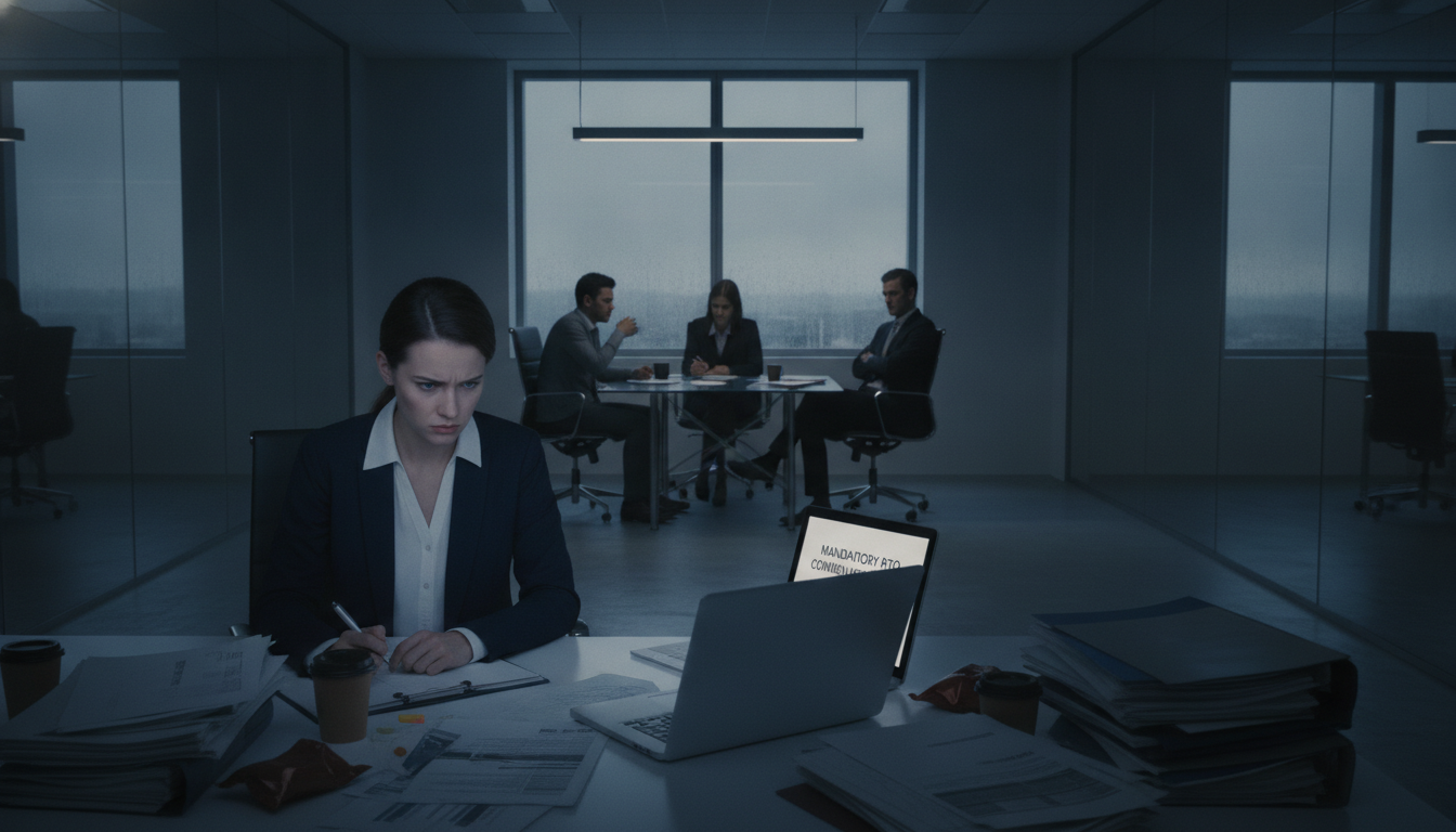 A corporate office interior depicting a tense atmosphere regarding forced return-to-office policies. In the foreground, a frustrated employee in professional business attire, frowning while sitting at a cluttered desk covered with paperwork and a laptop. In the middle ground, a small group of employees, appearing disengaged and anxious, are seated around a table with a large window in the background showing overcast skies, hinting at an oppressive mood. The lighting should be dim and fluorescent, casting harsh shadows to emphasize the discomfort in the room. The overall composition should convey a sense of conflict and unease within a modern corporate environment, illustrating the impact of enforced workplace policies on employee sentiment. Frustrated employee frowning at a cluttered desk while disengaged colleagues sit nearby in a dim office