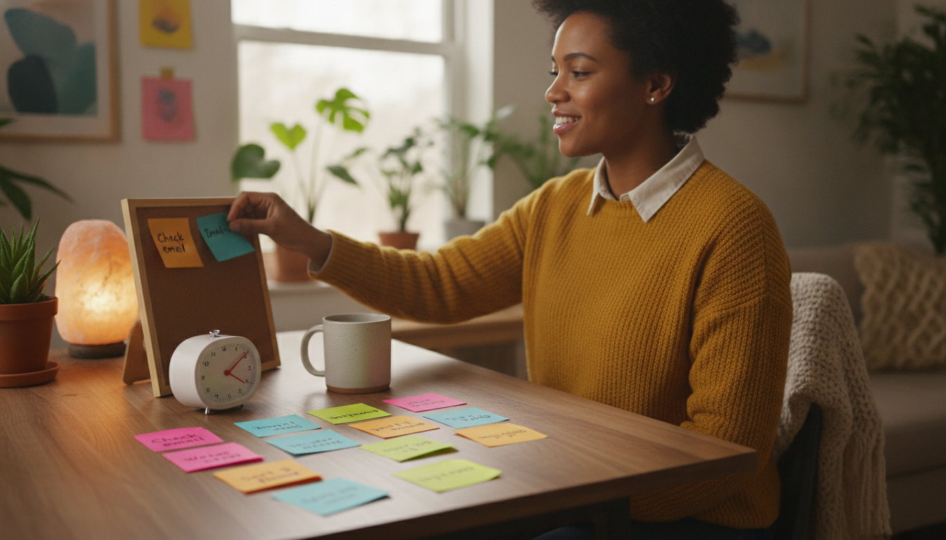 Woman placing a blue sticky note on a corkboard beside a desk timer, mug and colourful notes