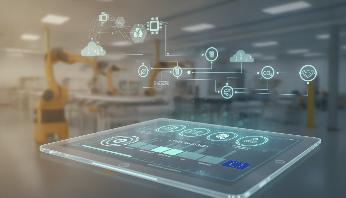 Touchscreen showing product passport lifecycle stages and CO2 icons above a factory floor with robotic arms