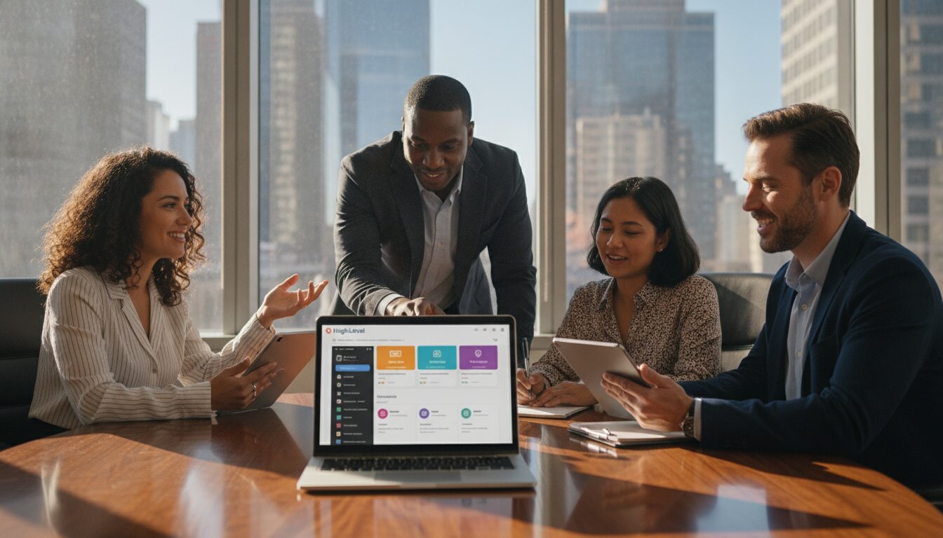 A diverse group of four professionals gathered around a sleek, modern conference table, engaged in a lively discussion about software benefits. In the foreground, a laptop displays the HighLevel software interface, showcasing CRM dashboards and automation features. The professionals, dressed in smart business attire, include a woman of Hispanic descent, a Black man, a South Asian woman, and a Caucasian man, each holding a digital tablet or notepad, emphasizing collaboration. In the middle ground, an elegant office setting with large windows allowing natural light to flood in, creating a warm and inviting atmosphere. In the background, soft blur of city skyline, suggesting a bustling environment. The mood is optimistic and innovative, highlighting the software's potential to elevate business strategies and client engagement. A diverse group of four professionals gathered around a sleek, modern conference table, engaged in a lively discussion about software benefits. In the foreground, a laptop displays the HighLevel software interface, showcasing CRM dashboards and automation features. The professionals, dressed in smart business attire, include a woman of Hispanic descent, a Black man, a South Asian woman, and a Caucasian man, each holding a digital tablet or notepad, emphasizing collaboration. In the middle ground, an elegant office setting with large windows allowing natural light to flood in, creating a warm and inviting atmosphere. In the background, soft blur of city skyline, suggesting a bustling environment. The mood is optimistic and innovative, highlighting the software's potential to elevate business strategies and client engagement.