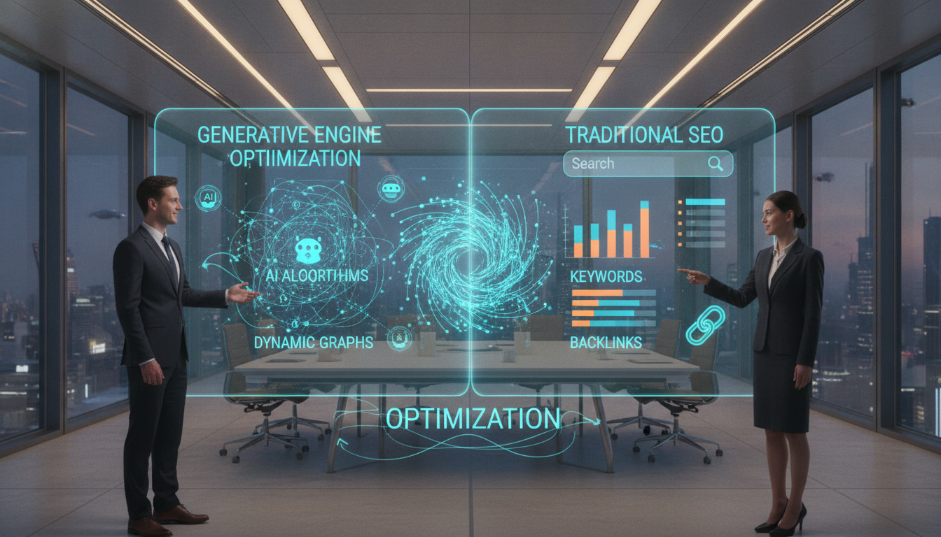 A futuristic office environment, featuring a vibrant split-screen comparison of generative engine optimization and traditional SEO. In the foreground, two professionals, a man and a woman, both in smart business attire, stand on either side of a sleek digital display showcasing contrasting visual data; the left side displays dynamic graphs and AI algorithms, while the right side illustrates classic SEO analytics, like keywords and backlinks. In the middle, the seamless transition represents the merging of both strategies, with digital elements intertwining. The background features modern office décor with soft, focused lighting enhancing a tech-savvy atmosphere. A hint of a bustling city skyline through large glass windows implies an innovative future. The image conveys a sense of progress and collaboration in the evolving landscape of search engine optimization. Two professionals compare generative engine optimization and traditional SEO data on a split-screen display in a modern office.