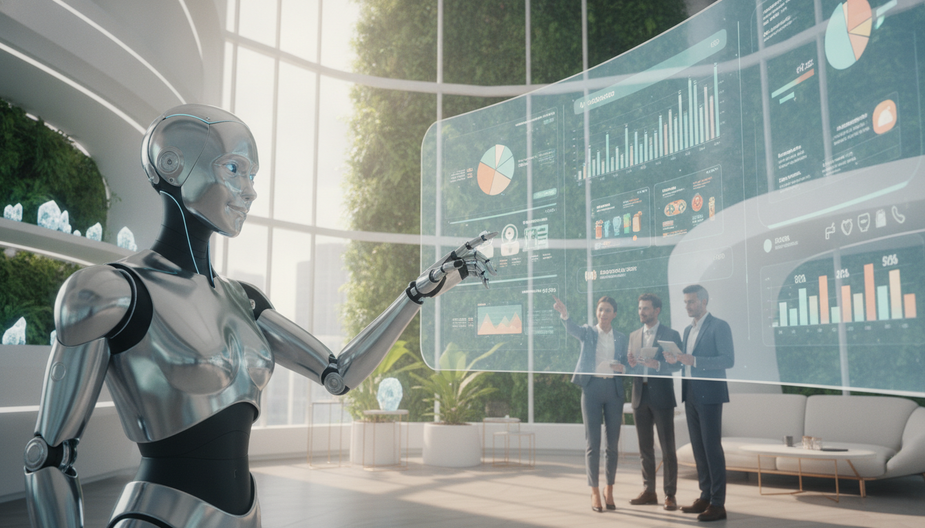 Humanoid robot and business users reviewing AI shopping agent recommendations on a dashboard screen