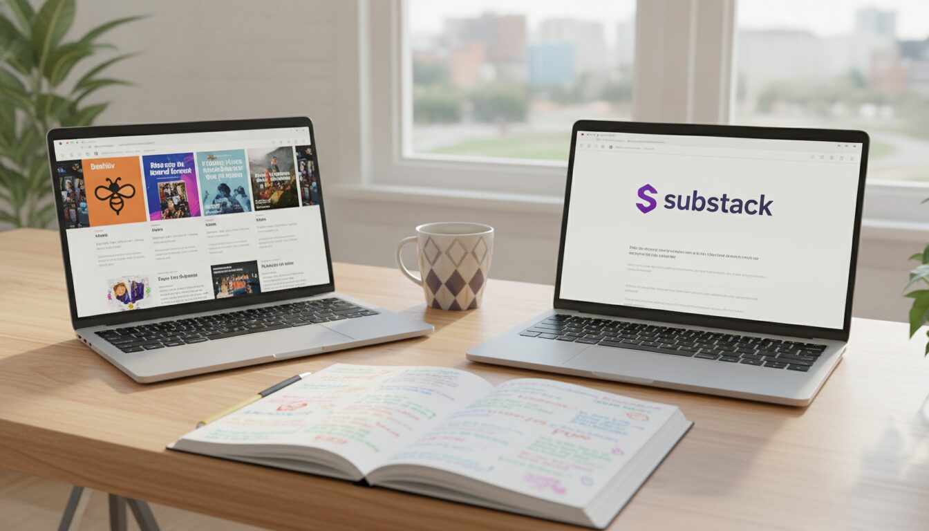 A modern digital workspace featuring two laptops side by side on a sleek wooden desk. The left screen displays the Beehiiv logo with a vibrant, eye-catching newsletter interface, while the right screen showcases the Substack logo and its clean, minimalist layout. In the foreground, a stylish coffee mug sits next to a notepad filled with colorful brainstorming notes. The middle background reveals a bright window with natural light illuminating the room, accentuating an atmosphere of productivity and creativity. Plant decor peeks in from the corners, adding a touch of greenery. The overall mood is inviting and inspiring, designed for professionals engaged in digital content creation and marketing. Soft focus on the background enhances the clarity of the laptops.