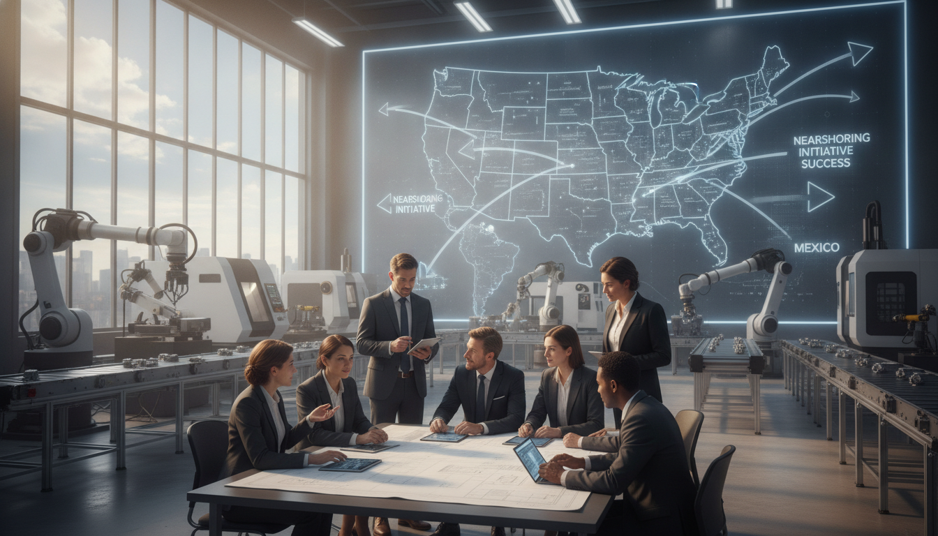 Team reviewing drawings in a factory beside a wall display mapping U.S. nearshoring routes to Mexico.