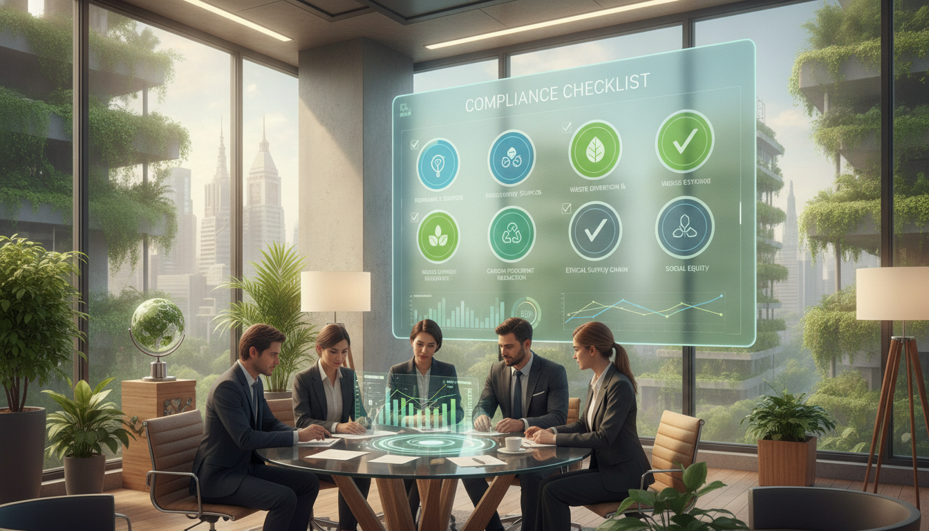 A modern office environment focused on sustainability data assurance and compliance controls. In the foreground, a diverse team of professionals in business attire, examining digital analytics on a tablet, with graphs depicting sustainability metrics. In the middle, a large screen displays a compliance checklist with icons representing various sustainability elements, like renewable energy, waste management, and carbon footprint. The background features large windows letting in natural light, revealing a green urban landscape. Soft, warm lighting enhances the atmosphere, creating a collaborative and innovative mood. The scene captures the essence of professionals working diligently to align sustainability practices with compliance requirements, embodying a future-oriented approach to corporate responsibility. Team reviewing holographic charts beside a translucent screen headed Compliance Checklist in a high-rise office