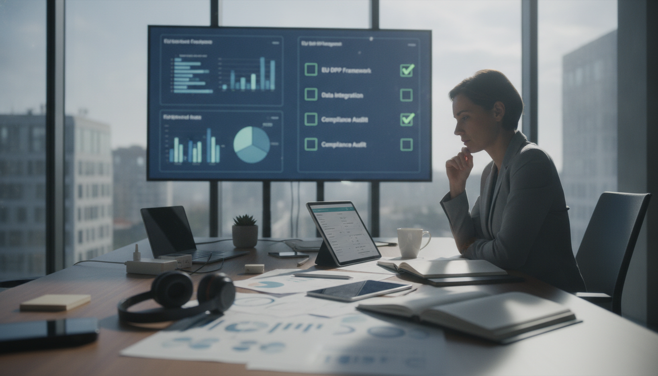 Manager at a conference table reviewing a wall dashboard with charts and a green-ticked readiness checklist