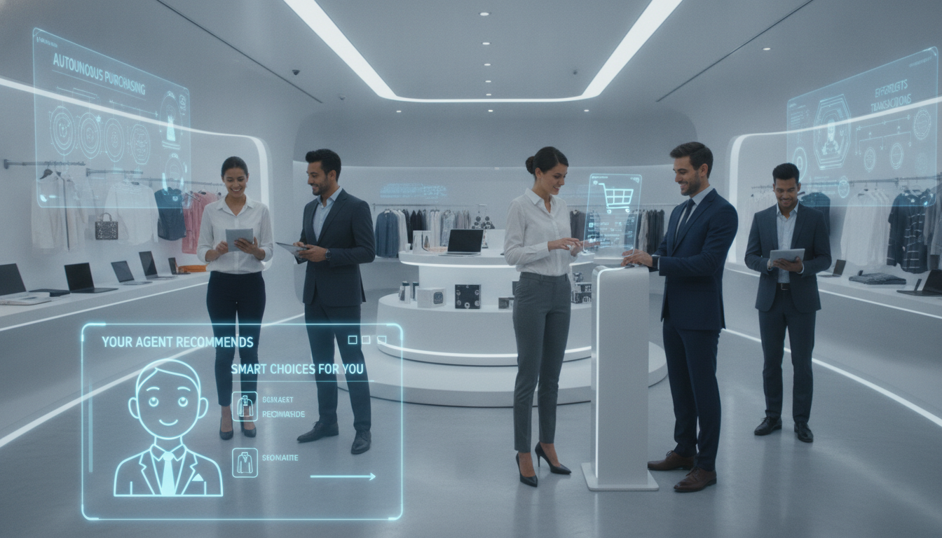 Shoppers in a modern store checking personalised AI product recommendations on a tablet screen