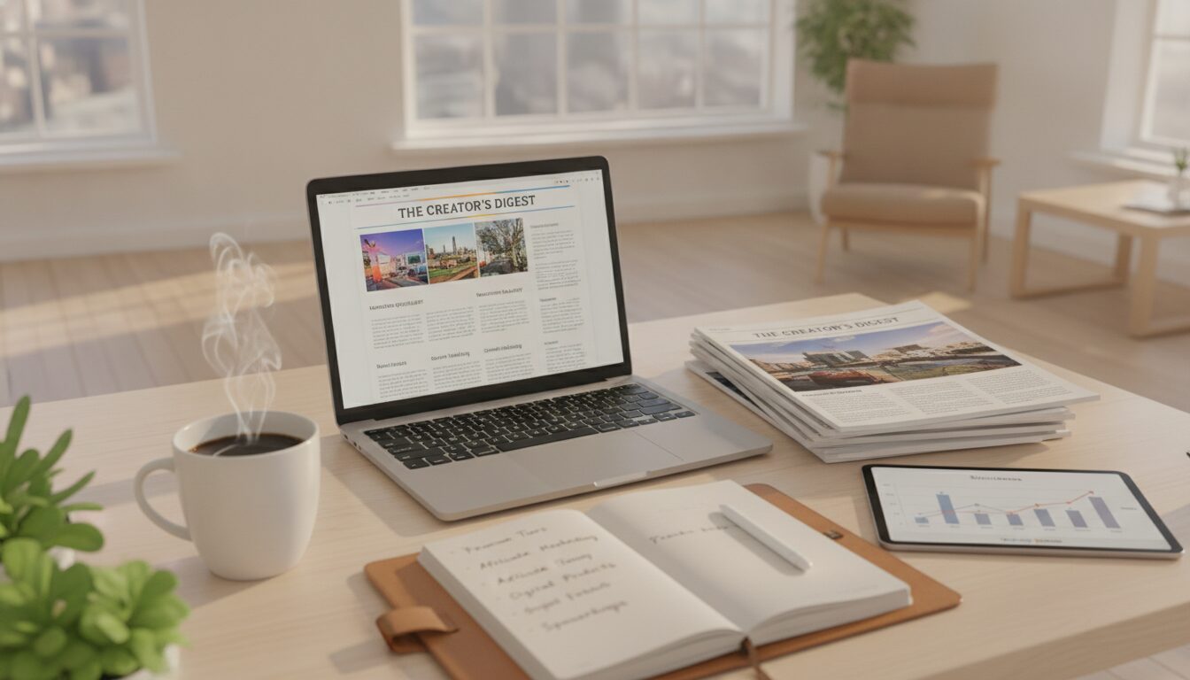 A modern workspace featuring a neatly organized desk with a laptop open to a vibrant newsletter design. In the foreground, a steaming cup of coffee sits next to a notepad filled with ideas for monetization strategies. The middle layer displays stacks of printed newsletters and digital graphs illustrating growth metrics on the laptop screen. The background reveals a serene office setting with large windows allowing natural light to flood the space, casting soft shadows. The atmosphere is focused and inspiring, conveying a sense of professionalism and creativity, ideal for independent creators seeking to enhance their newsletters. Use soft, warm lighting to create an inviting ambiance. Shot from a slightly elevated angle to encompass the entire workspace.