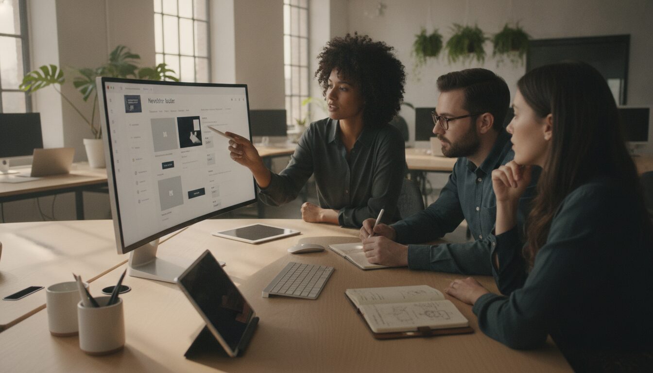 A modern workspace featuring a sleek newsletter builder interface on a high-resolution computer screen. In the foreground, a diverse group of three professionals is collaborating, thoughtfully discussing design elements. One is pointing to the screen, while another is jotting down notes on a notepad. In the background, a bright, well-lit office with greenery adds a refreshing ambiance. Soft natural light filters through large windows, creating a warm, inviting atmosphere. The desks are organized with stationery and digital devices, emphasizing a creative and productive environment. The overall mood is focused and innovative, embodying the spirit of mastering newsletter design tools.