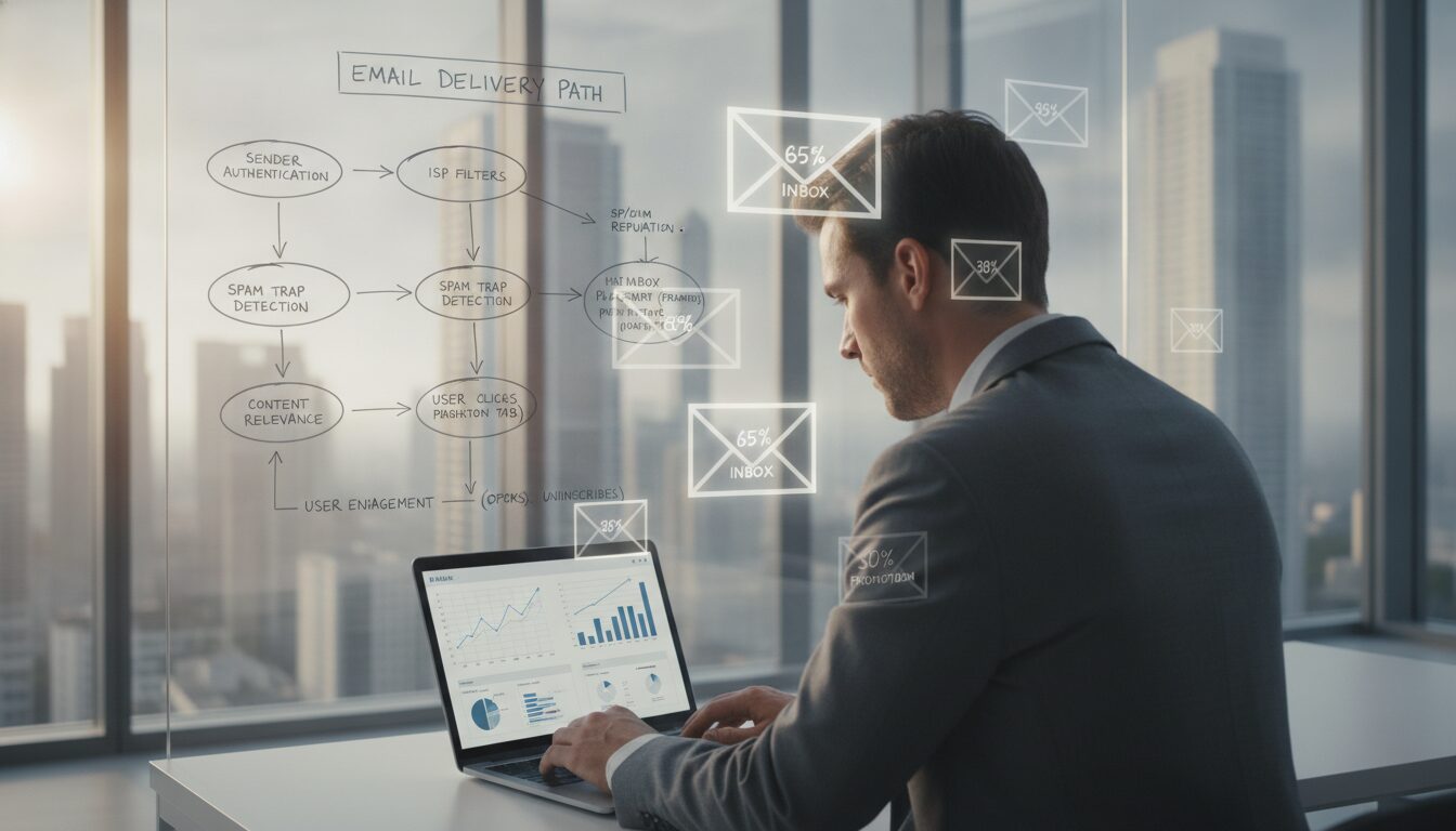 A professional office environment focused on email deliverability. In the foreground, a person in business attire, thoughtfully analyzing charts and metrics on a laptop screen, surrounded by digital images of email envelopes floating around, representing various deliverability rates. The middle scene features a detailed whiteboard with diagrams illustrating the email flow process, including nodes for spam filters, inbox placement, and engagement metrics. In the background, a large window reveals a sunny cityscape, symbolizing opportunity. Soft, natural lighting enhances the modern atmosphere, while the camera is positioned at eye level for an engaging perspective. The mood is focused and analytical, emphasizing the importance of mastering email deliverability in digital marketing strategies. A professional office environment focused on email deliverability. In the foreground, a person in business attire, thoughtfully analyzing charts and metrics on a laptop screen, surrounded by digital images of email envelopes floating around, representing various deliverability rates. The middle scene features a detailed whiteboard with diagrams illustrating the email flow process, including nodes for spam filters, inbox placement, and engagement metrics. In the background, a large window reveals a sunny cityscape, symbolizing opportunity. Soft, natural lighting enhances the modern atmosphere, while the camera is positioned at eye level for an engaging perspective. The mood is focused and analytical, emphasizing the importance of mastering email deliverability in digital marketing strategies.
