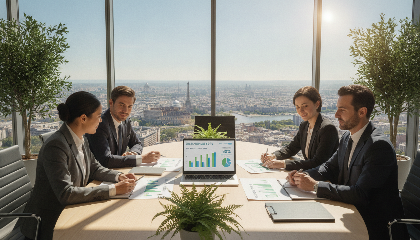 A serene office space with a large window showcasing a panoramic view of a vibrant European city landscape, bathed in natural light. In the foreground, a diverse group of professionals in smart business attire are gathered around a sleek conference table, analyzing colorful charts and sustainability reports. The middle ground features an open laptop displaying key performance indicators related to sustainability, surrounded by plants symbolizing green initiatives. The background illustrates the skyline with iconic European architecture, complemented by a clear blue sky. The atmosphere is optimistic and collaborative, capturing the essence of sustainability and transparency in reporting standards. The scene is framed with a slight tilt-down perspective to emphasize the interaction among the professionals. Four colleagues review sustainability charts on a laptop and printed reports in a Paris office overlooking the Eiffel Tower