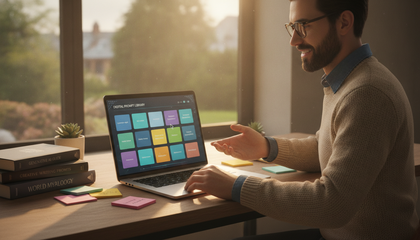 A serene workspace featuring a neatly organized digital prompt library on a sleek laptop, surrounded by colorful sticky notes and reference books stacked on a wooden desk. In the foreground, a professional individual dressed in smart casual attire attentively categorizes prompts, with an expression of focus and satisfaction. The middle layer showcases an open laptop screen displaying a modern interface with grid-like layouts of prompts, beautifully highlighted in soft lighting. In the background, a large window allows warm sunlight to pour in, accentuating a calm ambiance. Gentle greenery is visible outside, enhancing the cozy feel of the room. The overall atmosphere is one of productivity, creativity, and a sense of shared knowledge, perfect for illustrating the concept of maintaining and sharing a prompt collection. Man at a sunlit desk pointing to a laptop screen headed Digital Prompt Library, beside books and sticky notes