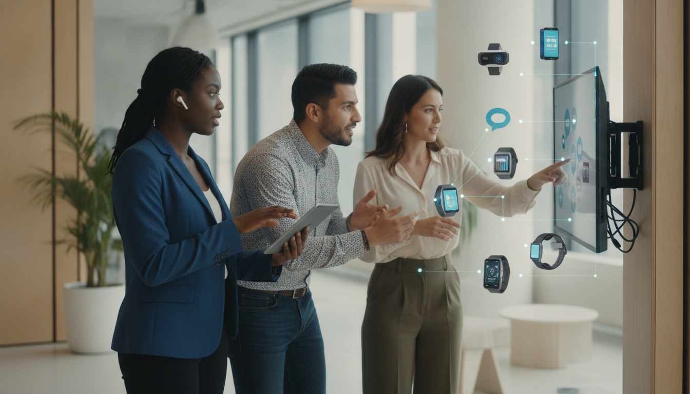 A vibrant and dynamic office environment featuring a diverse group of frontline employees engaged in effective communication without traditional desks. In the foreground, a young Black woman in professional attire uses a tablet, exuding focus and collaboration. Nearby, a Hispanic man, dressed in a smart-casual shirt, converses animatedly with a Caucasian woman, who gestures to a digital display showcasing communication tools. The middle ground shows a blend of both technological devices like smartphones and wearables, all connecting the team. In the background, soft-focused elements of an open workspace with bright lighting and greenery create a welcoming atmosphere. The mood conveys productivity and teamwork, highlighting the essence of deskless workforce technology enhancing communication. The scene is captured with a wide-angle lens to encompass the activity and collaboration, ensuring an engaging visual narrative. Frontline colleagues comparing notes on a tablet while a coworker points to a wall display of team updates