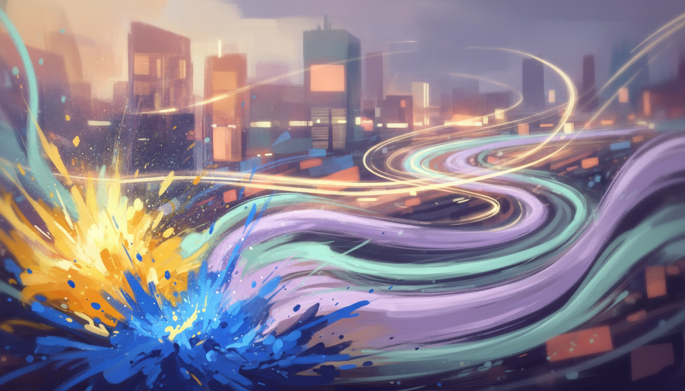 Painterly futuristic cityscape with looping light trails and a bright paint burst in the foreground