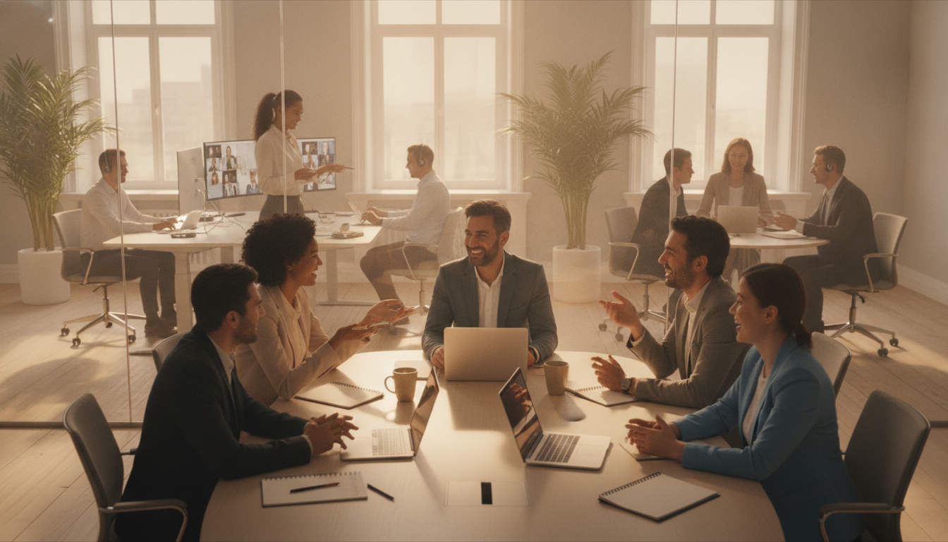 A vibrant office scene depicting a blend of in-person and hybrid work environments. In the foreground, a diverse group of professionals in business attire are engaged in a lively discussion around a modern conference table filled with laptops and notepads. They are smiling and animated, showcasing collaboration. In the middle ground, a transparent glass wall reveals other employees working at desks and participating in video calls, some standing and others seated, fostering a sense of community. The background features large windows with natural light streaming in, casting soft shadows across the room. The overall atmosphere is dynamic and inviting, with warm colors and sleek design. The angle captures the excitement of teamwork and the comfort of a productive office space, emphasizing the value of the in-office experience. Colleagues discussing work around a conference table while others join from desks behind a glass wall