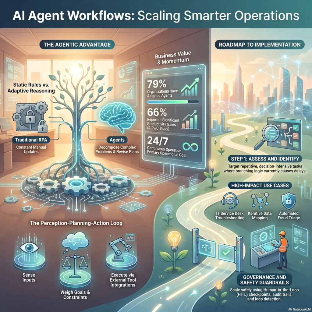 SmartKeys Infographic titled 'AI Agent Workflows: Scaling Smarter Operations' highlighting the benefits of AI agents over traditional RPA, the perception-planning-action loop, high-impact enterprise use cases, and governance guardrails