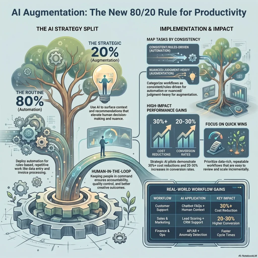 Infographic titled "AI Augmentation: The New 80/20 Rule for Productivity" illustrating the strategy split between 80% automation for routine tasks and 20% human augmentation for strategic decisions to enhance workflow efficiency.