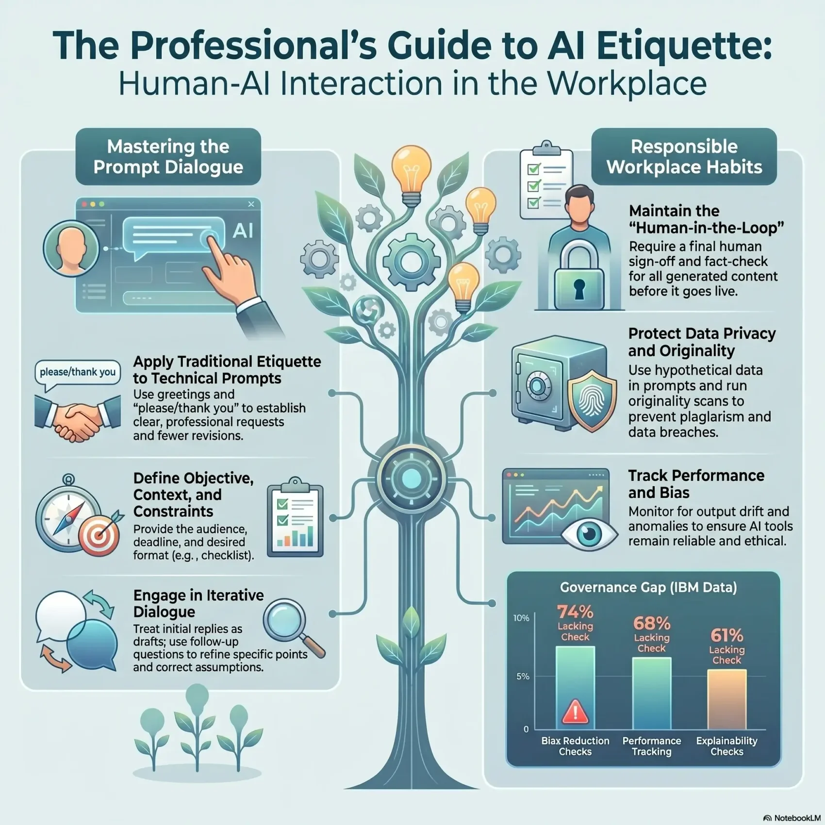 An infographic titled 'The Professional's Guide to AI Etiquette: Human-AI Interaction in the Workplace' outlining prompt engineering tips and responsible corporate AI habits, featuring an IBM data chart on the AI governance gap.