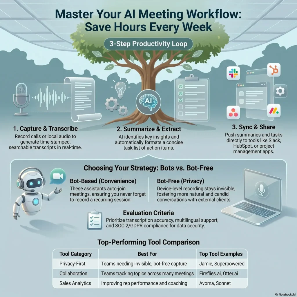 Infographic illustrating an AI meeting notes workflow, showcasing a 3-step productivity loop of capturing, summarizing, and sharing notes, alongside a comparison of bot-based vs. bot-free tools.