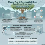 Infographic illustrating an AI meeting notes workflow, showcasing a 3-step productivity loop of capturing, summarizing, and sharing notes, alongside a comparison of bot-based vs. bot-free tools.