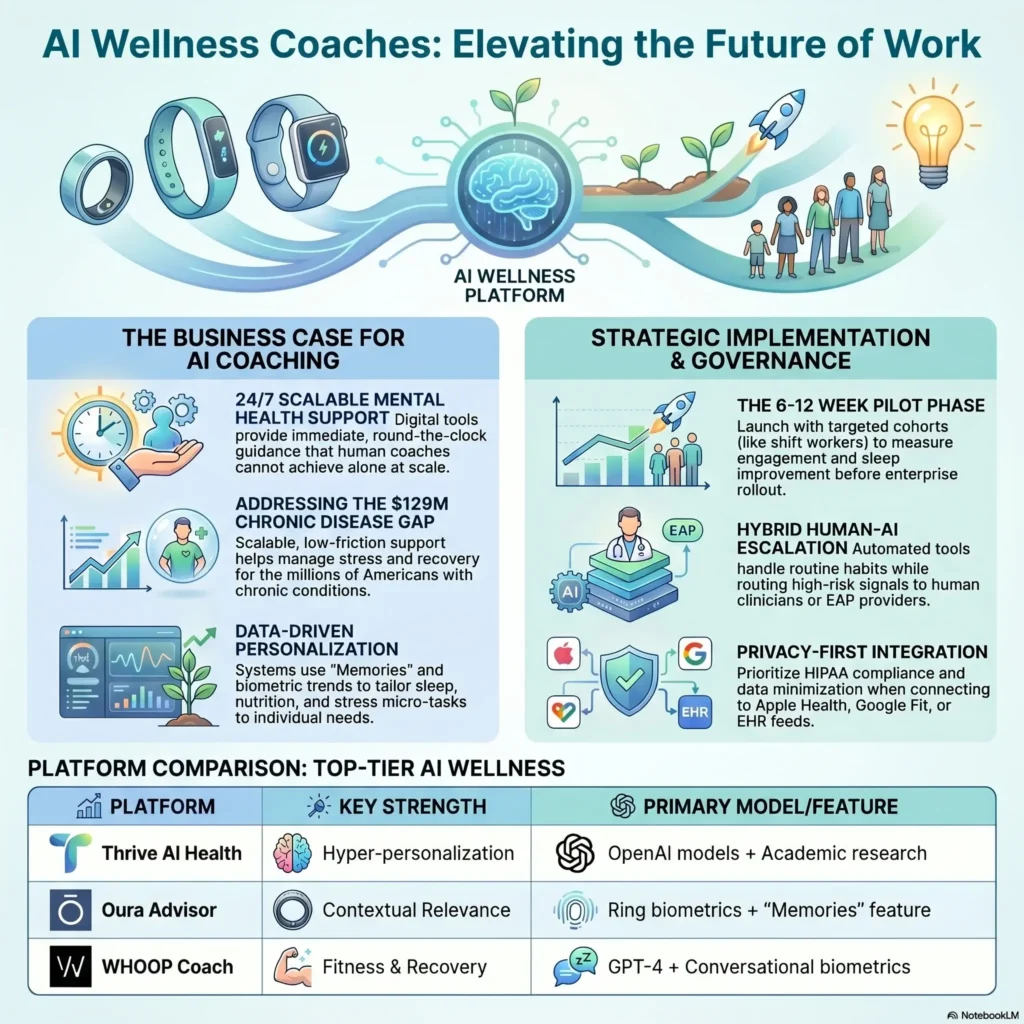An infographic titled 'AI Wellness Coaches: Elevating the Future of Work' explaining the business case and governance for remote corporate wellness platforms, featuring a comparison of Thrive AI Health, Oura Advisor, and WHOOP Coach.