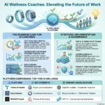 AI Wellness Coaches: Supporting Employee Mental Health Remotely An infographic titled 'AI Wellness Coaches: Elevating the Future of Work' explaining the business case and governance for remote corporate wellness platforms, featuring a comparison of Thrive AI Health, Oura Advisor, and WHOOP Coach.