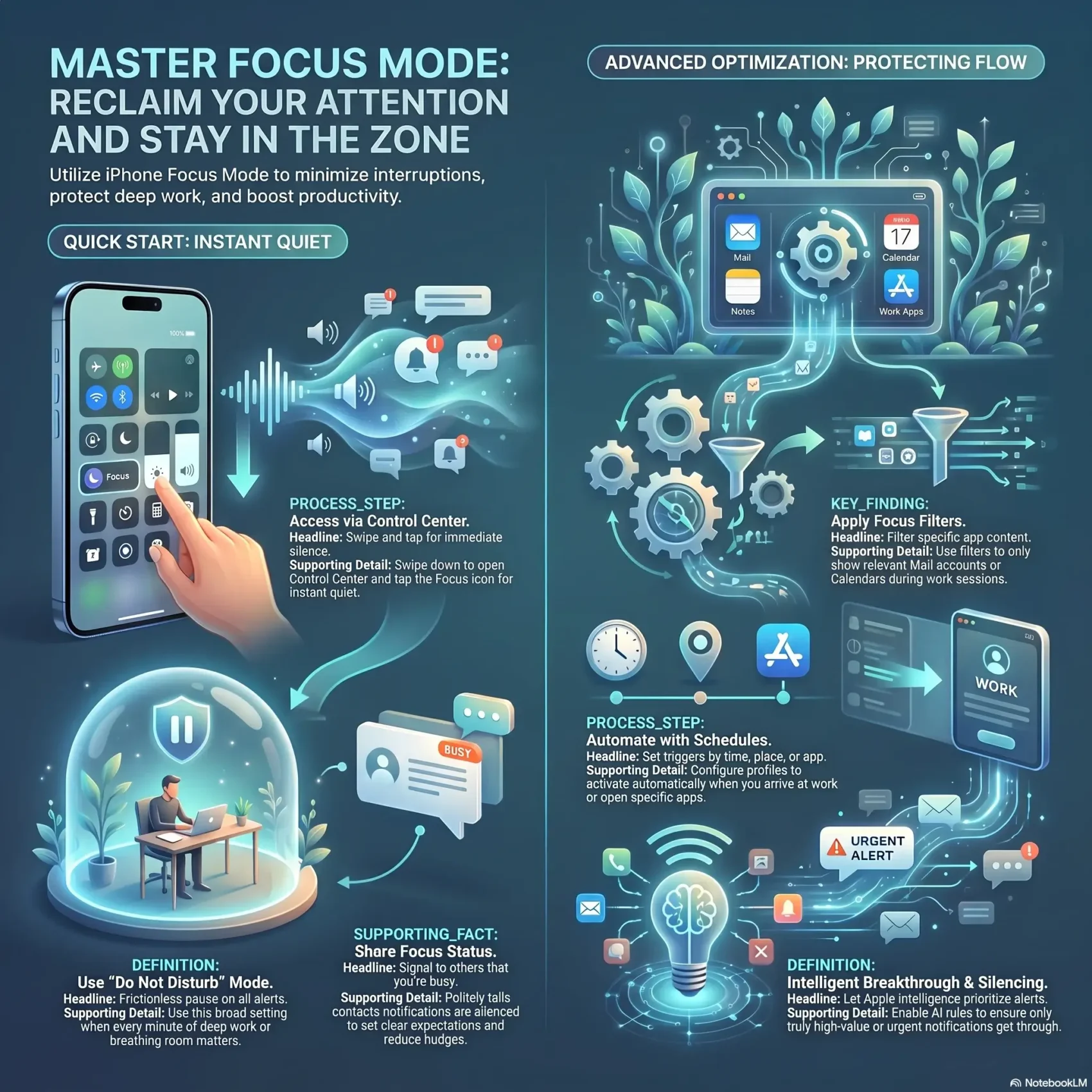 SmartKeys Infographic titled 'Master Focus Mode' illustrating how to use iPhone Focus Mode, Control Center settings, custom schedules, and notification filters to minimize digital distractions and protect deep work productivity