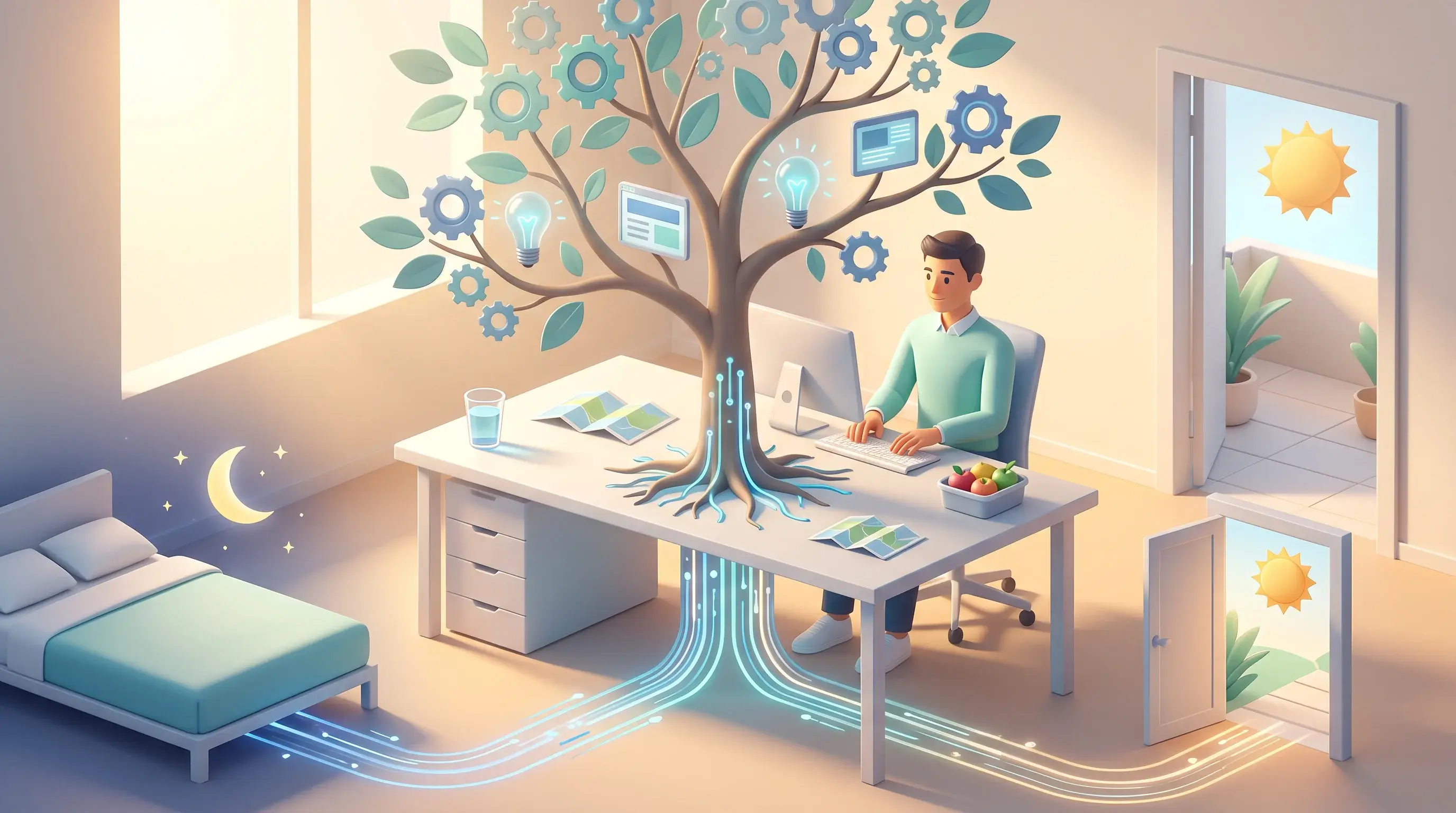 Infographic illustration showing productivity habits to beat the afternoon slump, connecting sleep, hydration, and natural sunlight to workplace energy and focus.