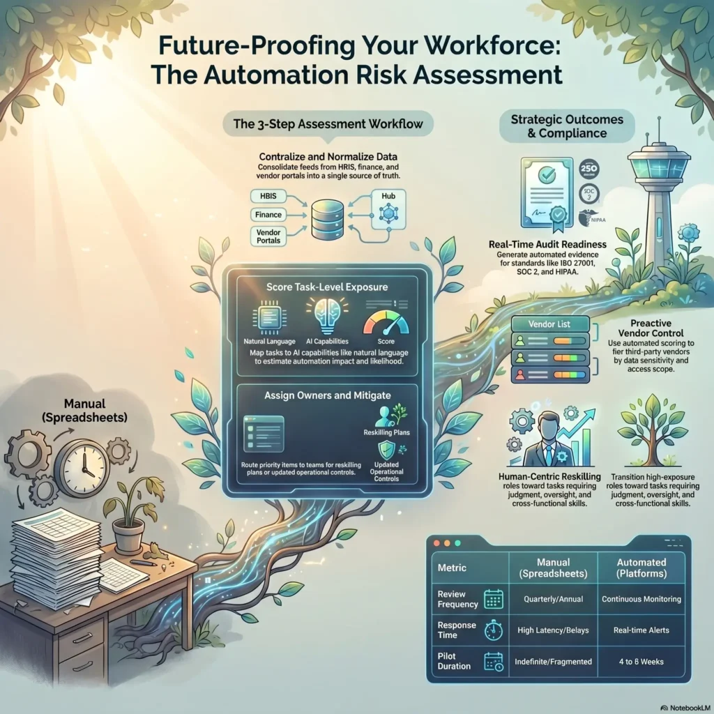 An infographic titled 'Future-Proofing Your Workforce: The Automation Risk Assessment' detailing a 3-step workflow to identify AI job vulnerability, strategic reskilling, and a comparison table of manual vs. automated platforms.